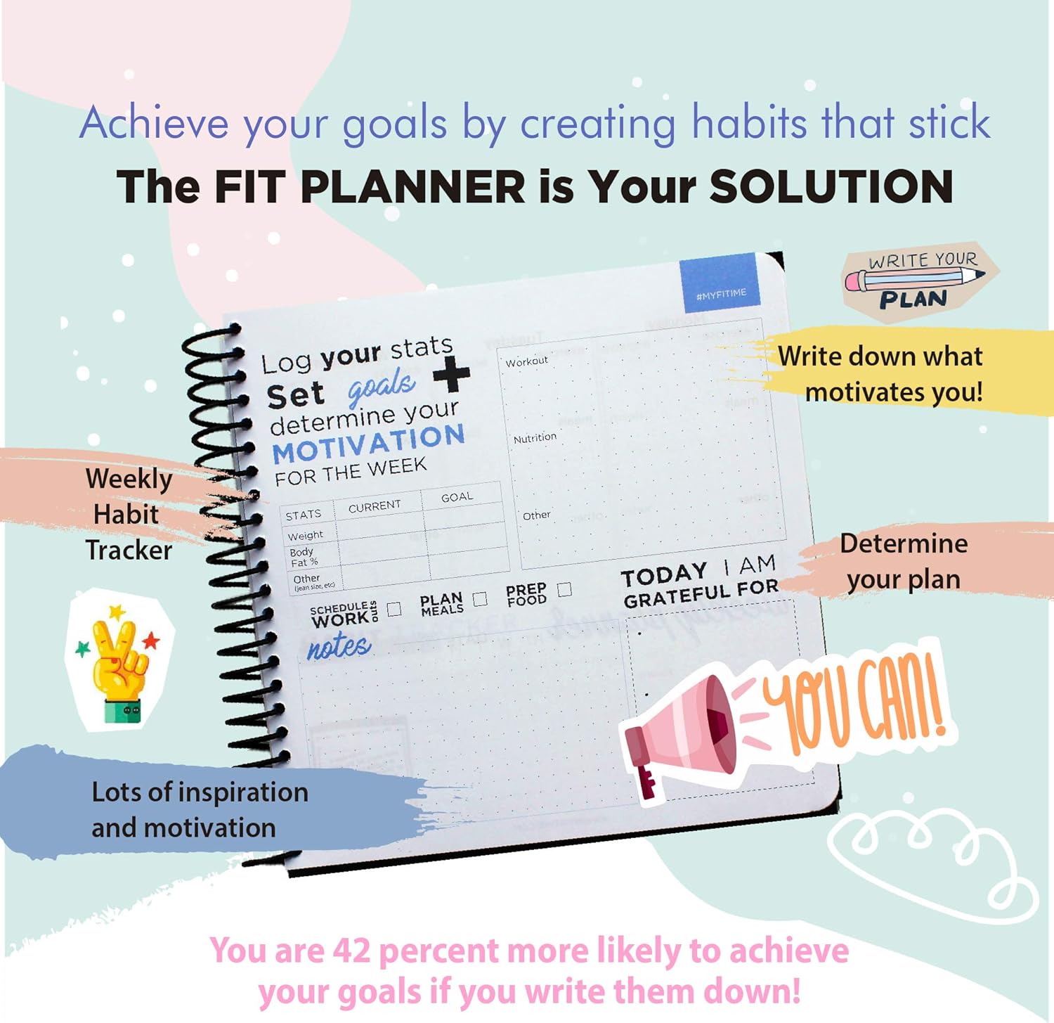 FITIME Fit Planner: Fitness Journal and Planner for Workouts, Weight Loss, Exercise & Meal prep.(Pink) : Sports & Outdoors