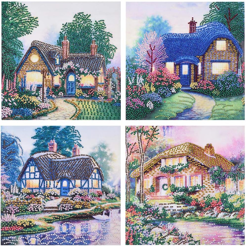 Cinhent 4Pcs/Set Beautiful Cottage in The Country Special Shaped Diamond Painting DIY 5D Partial Drill Cross Stitch Kits Crystal Rhinestone of Picture Serial Arts Print Craft