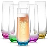 JoyJolt Hue Stemless Champagne Flutes Set of 6 Colored Glasses, 9.5oz Cocktail Glass Set for Mimosa, Stemless Champagne Glasses, Prosecco Wine Flute, Bar Glassware