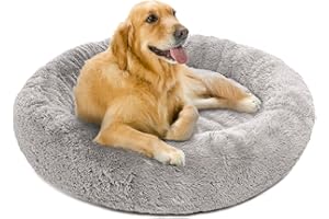 Friends Forever Donut Dog Bed Faux Fur Fluffy Calming Sofa For Large Dogs, Soft & Plush Anti Anxiety Pet Couch For Dogs, Machine Washable Coco Pet Bed with Non-Slip Bottom, 36"x36"x8" Grey