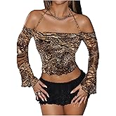 SweatyRocks Women's Leopard Print Off Shoulder Halter Tops Y2k Sexy Long Sleeve Backless Crop Trendy Top Shirts