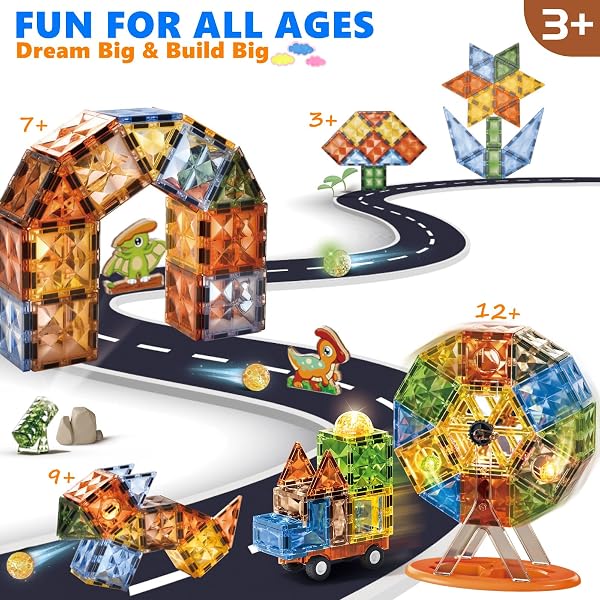 BINZKBB MAGNETIC TILES BUILDING BLOCKS,LIGHTED 3D CLEAR EDUCATIONAL STEM CONSTRUCTION SET,PRESCHOOL SENSORY MAGNET DINOSAUR CREATIVITY TOYS FOR KIDS AGE 3 4 5 6 8+ YEARS OLD GIRLS BOYS TODDLERS