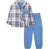 Queenstyle Toddler Boy Clothes 2Pcs Flannel Plaid Shirt and Sweatpants Outfits Fall Winter Boys Clothing for 3-8 Years