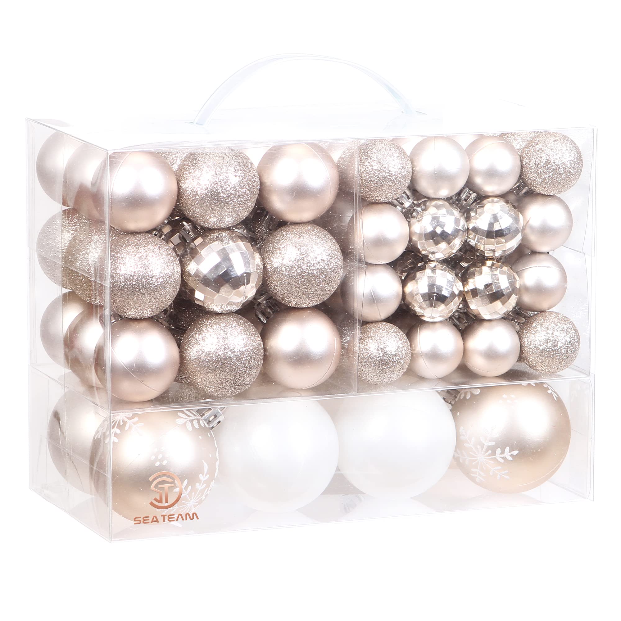Sea Team 99 Pieces of Assorted Christmas Ball Ornaments Shatterproof Seasonal Decorative Hanging Baubles Set with Reusable Hand-held Gift Package for Holiday Xmas Tree Decorations, Champagne
