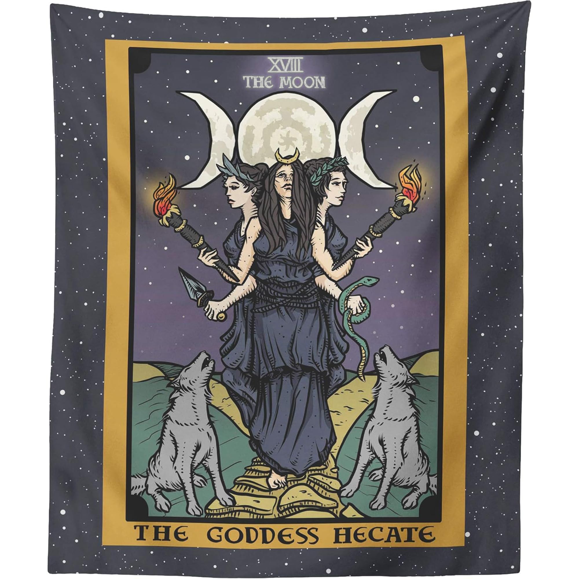 The Goddess Hecate Tarot Card Tapestry - Triple Moon Goddess of Witchcraft Hekate Pagan Witch Wheel Wall Hanging (80" x 68")