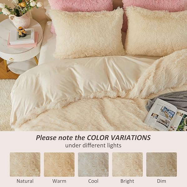 EMME LUXURY FUZZY DUVET COVER SET KING SIZE FLUFFY COMFORTER COVER SET FOR KING BED 2 PIECES SHAGGY AND PLUSH SOFT BEDDING DUVET COVERS (CREAM WHITE, KING)