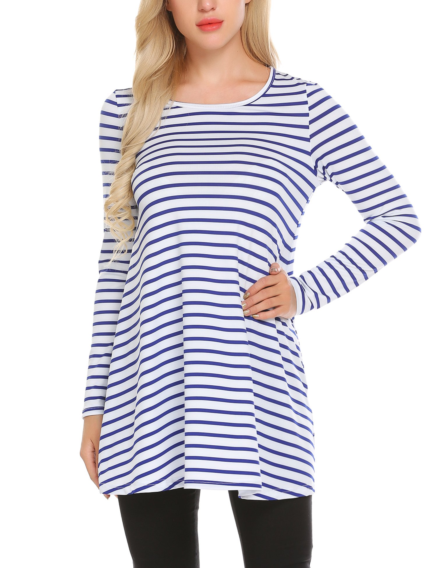 L\'AMORE Damen Basic Shirt Streifen 3/4 Ärmel Oberteil Casual Bluse Longshirt