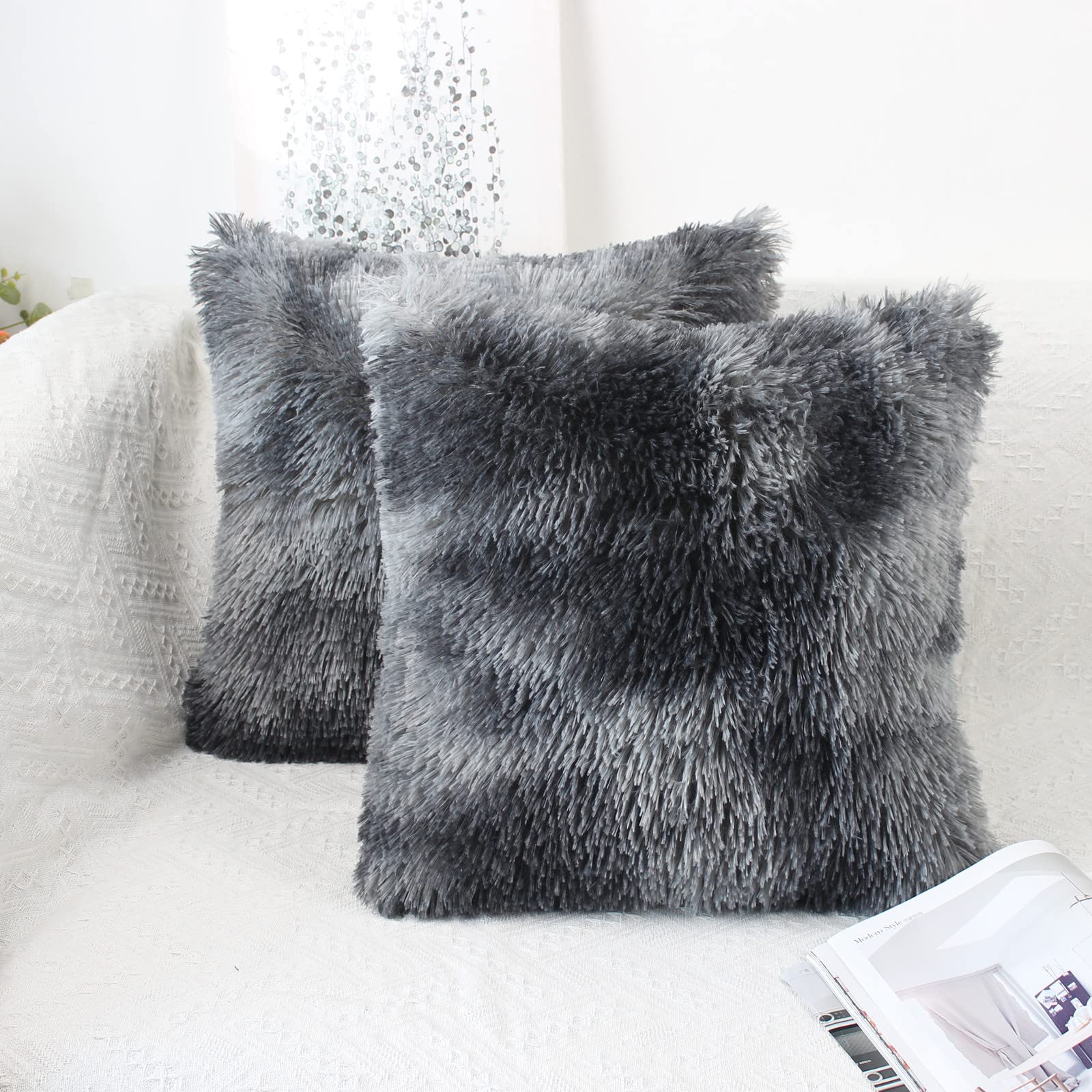 OYIMUA Fluffy Cushion Covers 40cm x 40cm Dark Grey Faux Fur Set of 2 Cushion Cover 16 x 16 Soft Decorative Square Plush Pillow Cover for Sofa Livingroom Bedroom — image 1