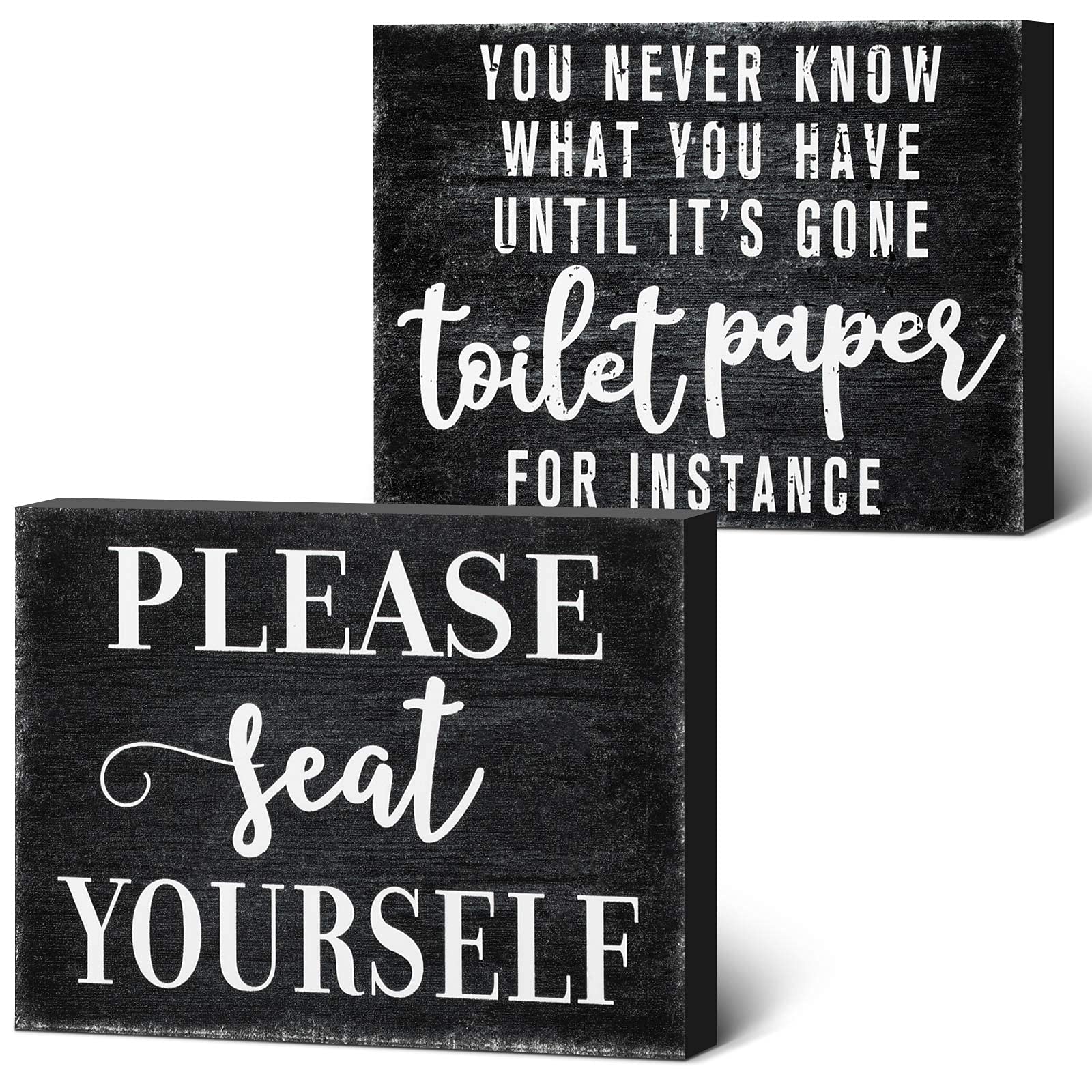 Photo 1 of Jetec 2 Pieces Funny Farmhouse Bathroom Decor You Never Know What You Have Until It's Gone Toilet Paper Sign Please Seat Yourself Sign Humor Toilet Box Plaque for Decoration, 4 x 5 Inch(Black)