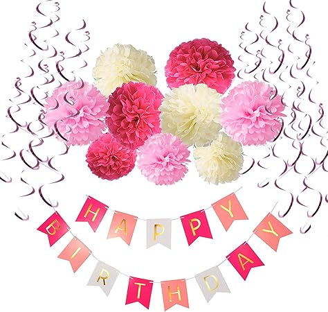 Amazon Co Jp 誕生日 飾り付け 装飾 セット ハンギングスワールデコ バースデー ガーランド ペーパーフラワー フラッグガーランド ピンク系 おもちゃ