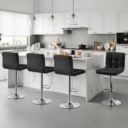 Yaheetech Bar Stools Set of 4 Adjustable Counter Height Barstools Black | 360 Degree Swivel Faux Leather Sillas Para Barra De Cocina with Back and Footrest for Kitchen Dining Room Island and Bar