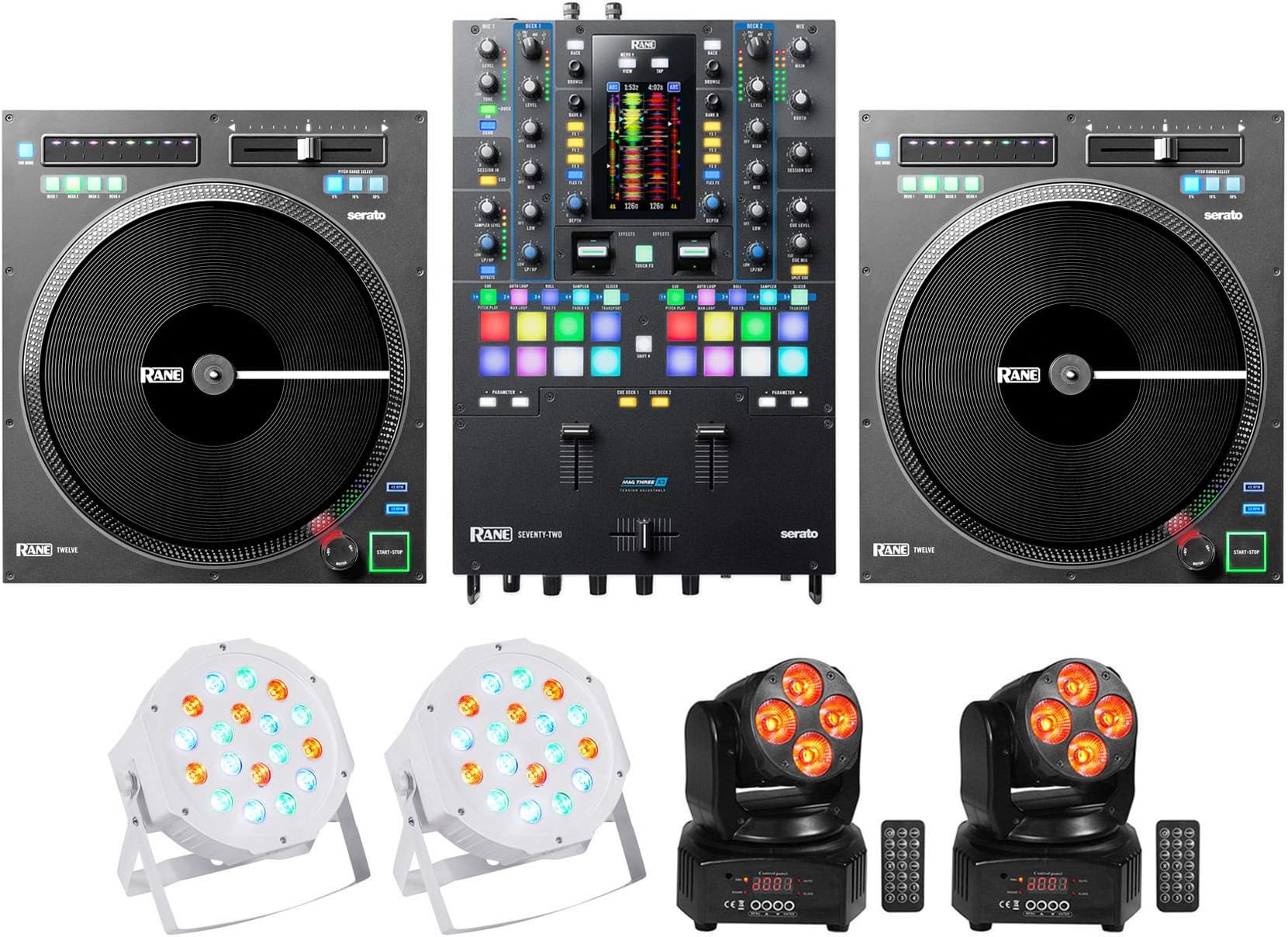 RANE SEVENTY-TWO DJ Mixer+2) Twelve Turntables+(2) Moving Heads+(2) Wash Lights