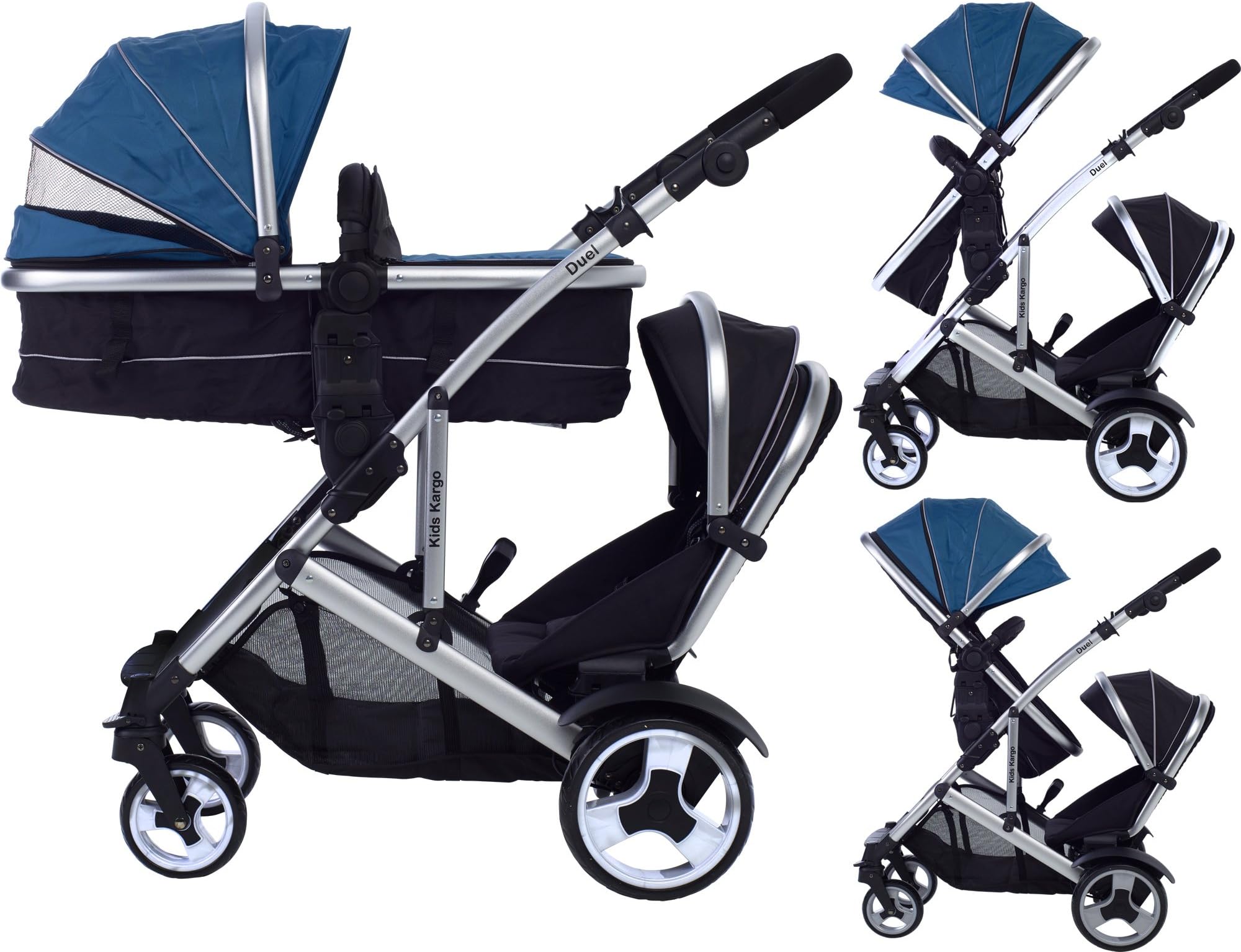 Kids Kargo Duel DS + Carrycot Liner/Mattress Insect net Carrycot Converts to Seat Unit. Also Includes 2 Raincovers, 1 footmuff, Teal, Double Tandem Pushchair