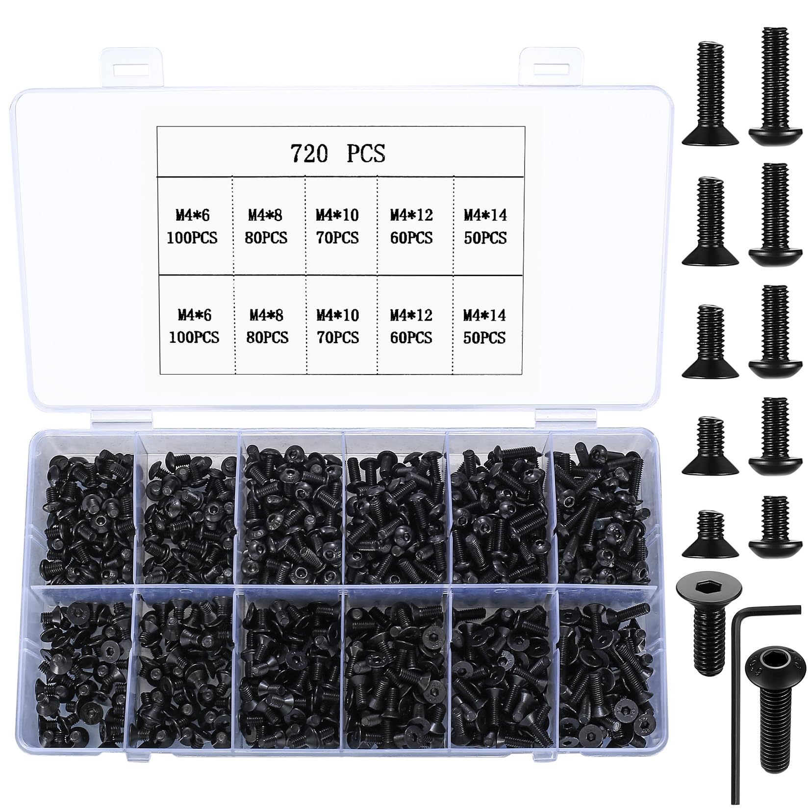 720 Pcs M4 Metric Hex Socket Head Cap Screws Bolts Set, Including 360 Pcs Countersunk Pan Head Screws, 360 Pcs Flat Head Screws for 3D Printer Machine - Black, 6mm/8mm/10mm/12mm/14mm — image 1