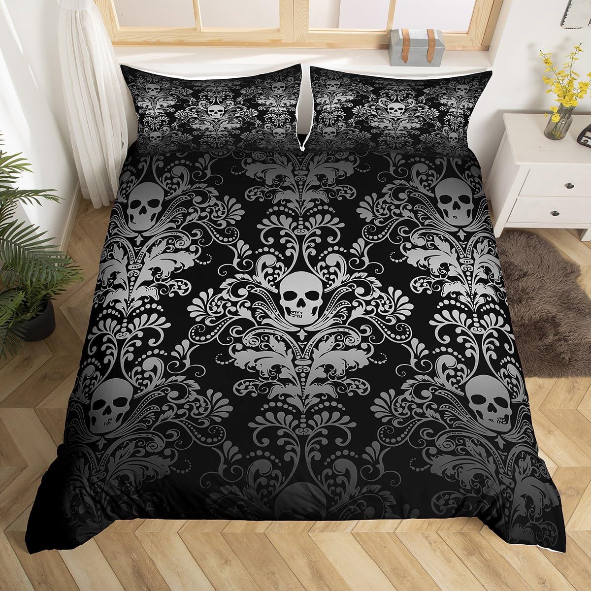 Homewish Adults Gray Damask Bedding Set Antique Victorian Baroque Duvet Cover King,Gothic Vintage Floral Comforter Cover Exotic Sugar Skull Quilt Cover,Gothic Bone Skeleton Bohemian Decor,Black