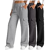 Neer 3 Pack Women's Cargo Sweatpants Wide Leg Baggy Loose Elastic Drawstring Pants Casual Athletic Joggers with 4 Pockets