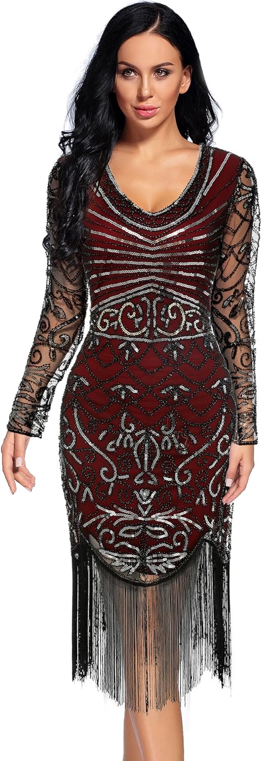 Women's 1920s Sequin Art Deco Flapper Dresses Great Gatsby Prom Cocktail Dress