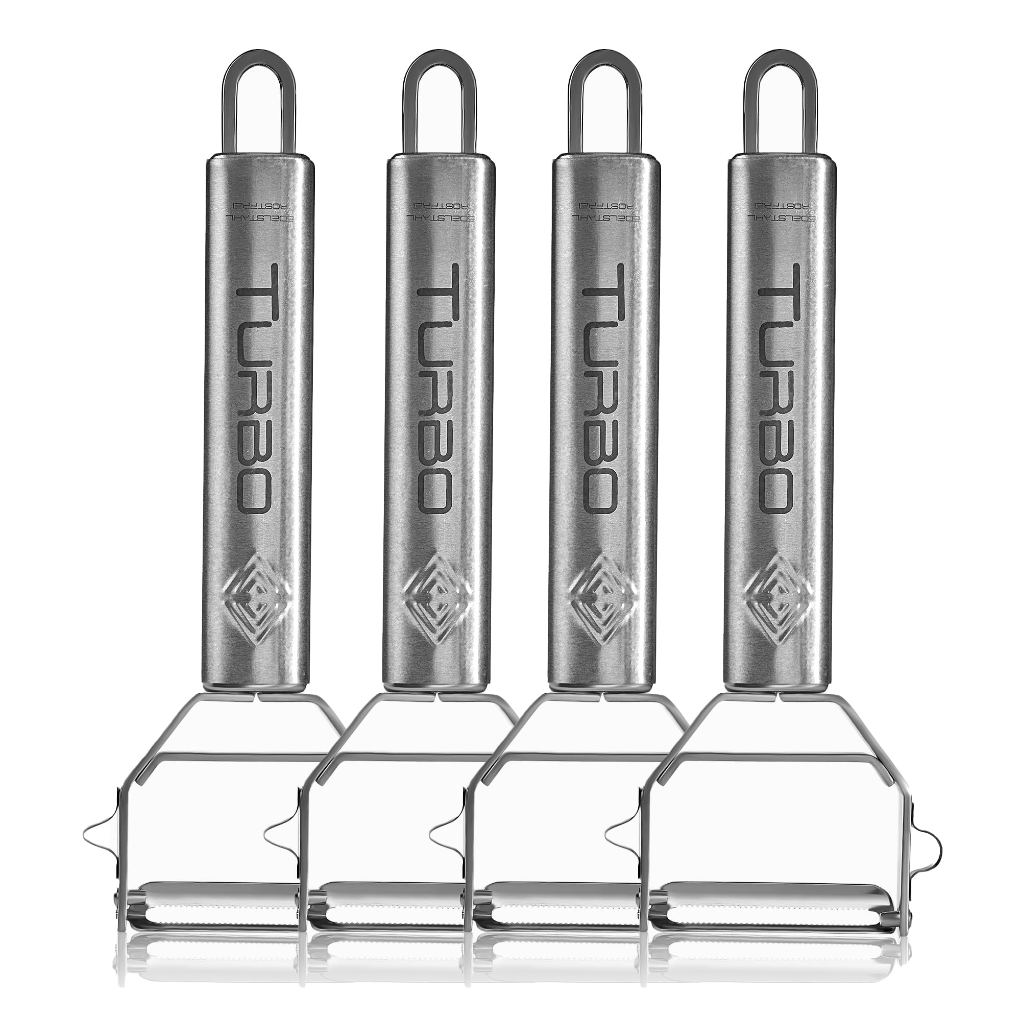 TURBO PRODUKTE Set of 4 Stainless Steel Peelers for Fruit and Vegetables - Forwards and Backwards with Pendulum Blade for Left and Right Handed Users - 3-in-1 Function