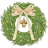 24 Inch Christmas Wreath with Lights Real Touch Norfolk Pine Wreath Outdoor Christmas Wreaths Christmas Wreaths for Front Door Indoor Xmas Thanksgiving Vintage Bell Elegant Bow Decorations (1 PCS)