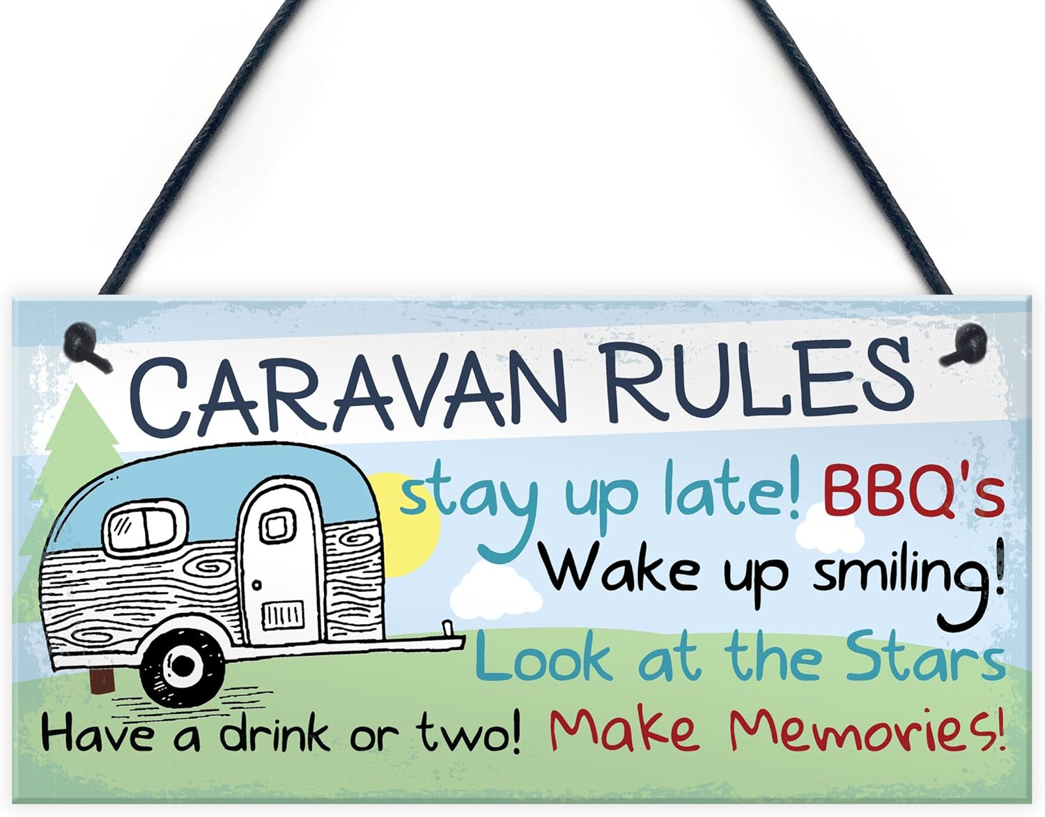 Red Ocean Caravan Rules Novelty Hanging Plaque Campervan Outdoor Garden BBQ Sign Retirement Friend Gift, white|black|green, 20 x 10 cm