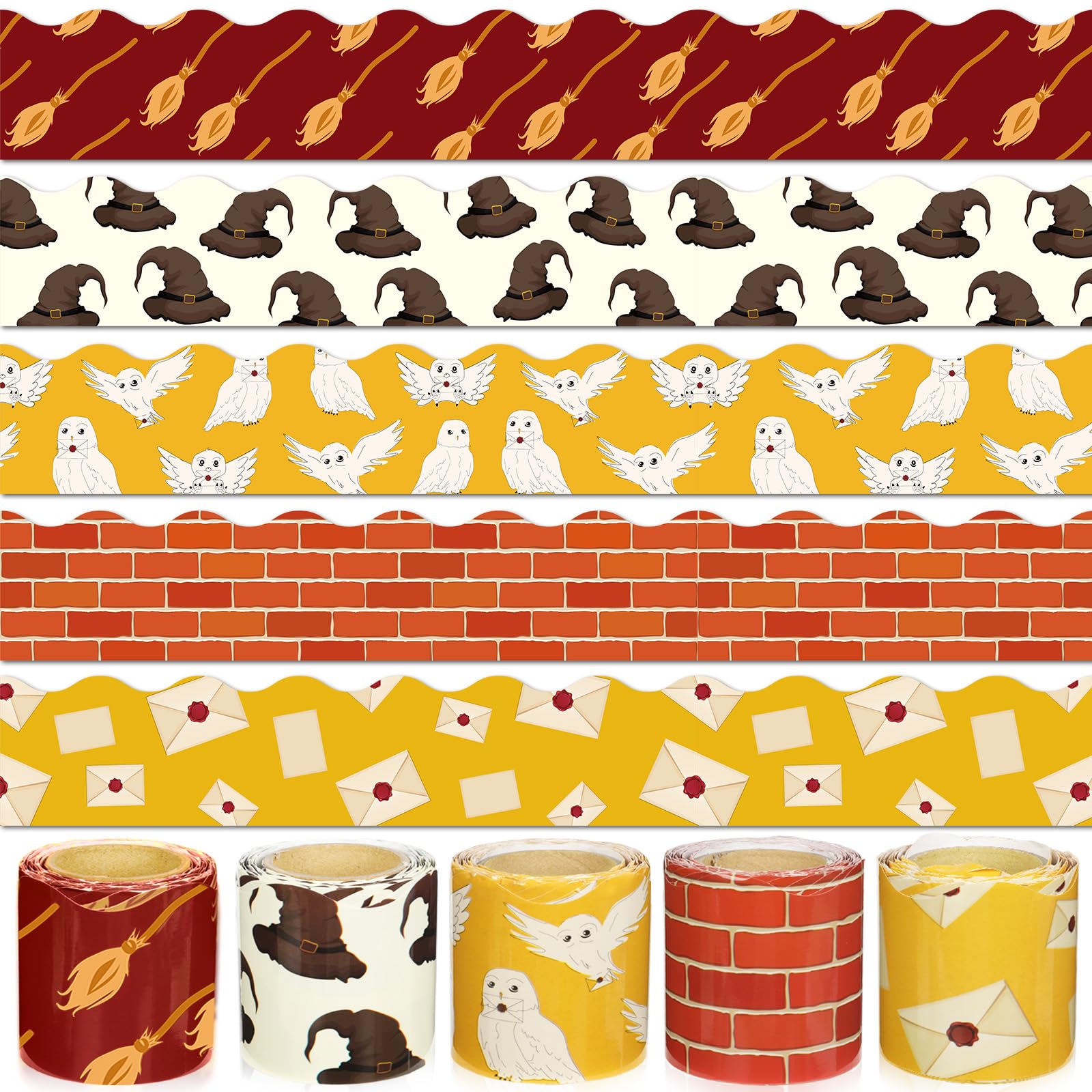 Photo 1 of 164ft Magical Wizard Bulletin Board Border 5 Rolls Magic School Witch Wizard Classroom Bulletin Board Decoration Vintage Castle Owl Scalloped Border Trim for Back to School Party Chalkboard Wall Decor