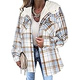 Zeagoo Womens Plaid Shacket Jacket Long Sleeve Fleece Hooded Jackets Fall Winter Warm Coat S-2XL
