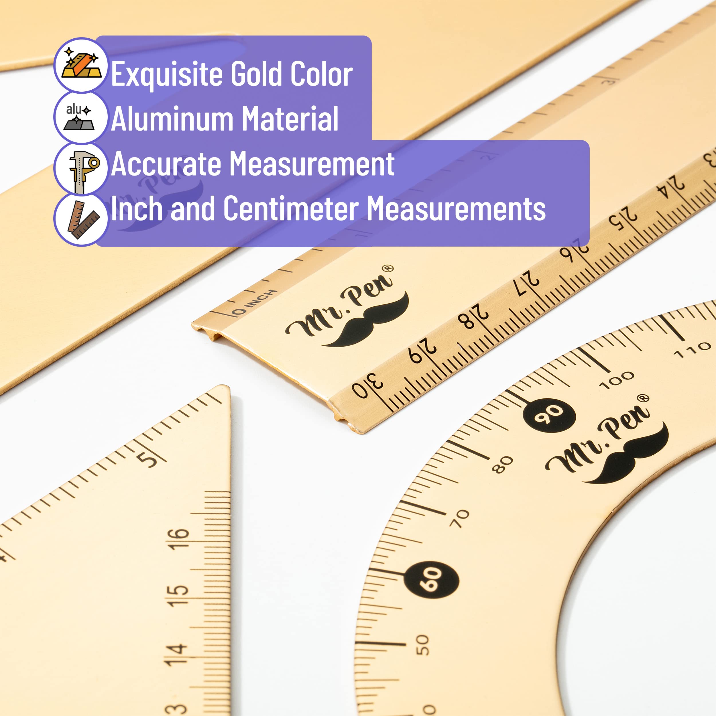 Mr. Pen- Geometry Set, Gold Color, 4 Pack, Metal Kit With Triangle Ruler, Protractor, Set Square, and Drafting Tools