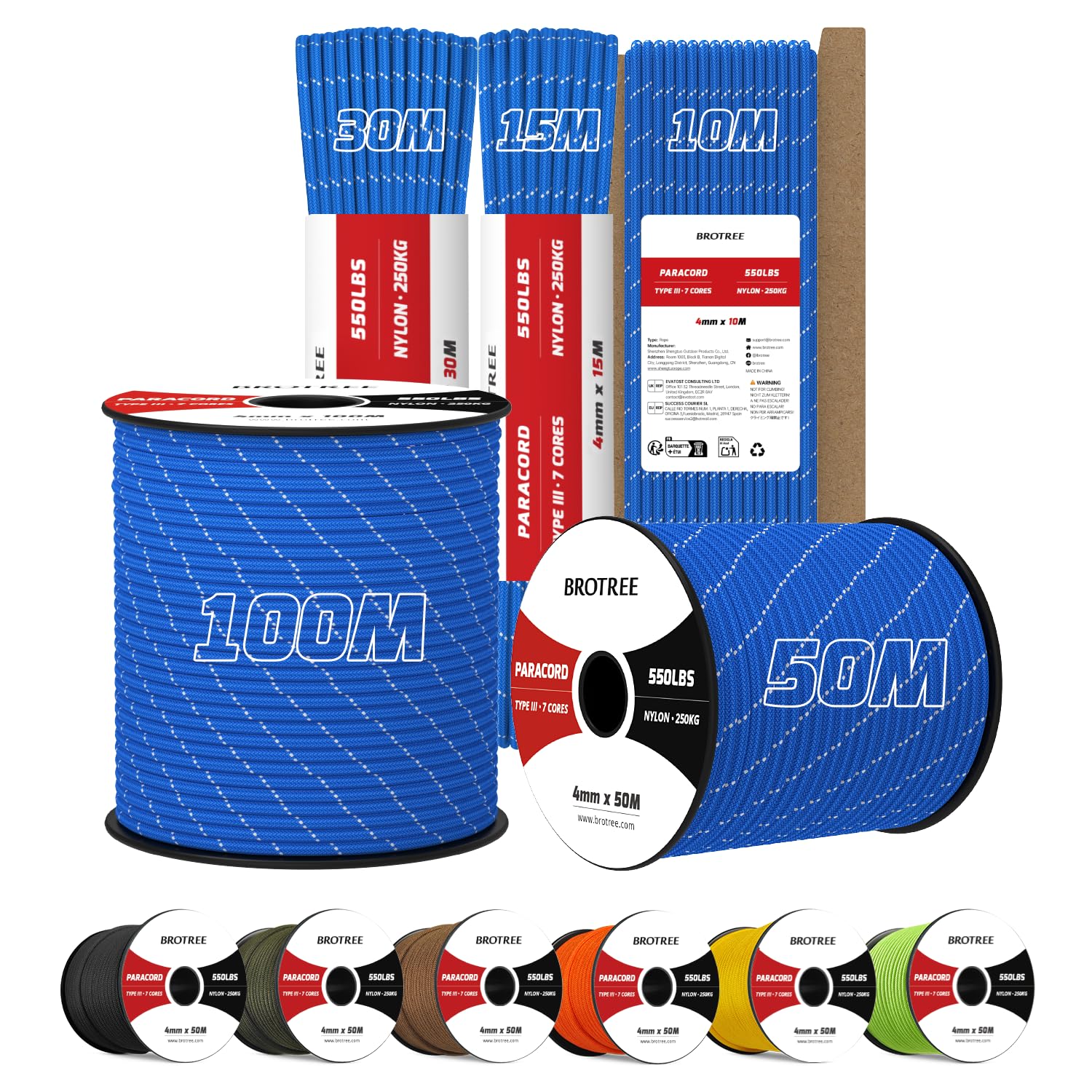 Brotree 4mm Paracord 550 100M 100% Nylon Rope 7 Strands Type III Parachute Cord for Outdoor and DIY - 250kg Breaking Load (Reflective Dark Blue)