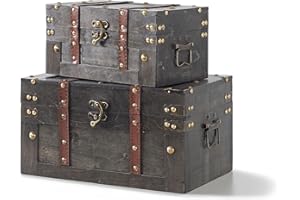 Soul & Lane Vintique Wooden Chest Duo - Elegant Wood Storage Trunks with Lids & Vintage Charm (Set of 2), Antique Versatile Organizational Decor for Home, Office