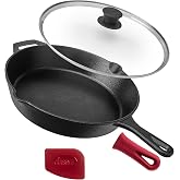 Cuisinel Cast Iron Skillet with Lid - 12"-Inch Frying Pan + Glass Cover + Silicone Handle Holder - PFAS and PFOA-free Pre-Seasoned Oven Safe Cookware - Indoor/Outdoor Use - Grill, BBQ, Fire, Stovetop
