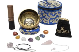 Wish Well Tibetan Singing Bowl Set ~ 4" Sound Bowl with 7 Chakra Crystal Stones, Rose Quartz Pendulum, Fabric Case, Cushion, & Mallet ~ Perfect For Meditation, Yoga, Spiritual Healing, & Mindfulness