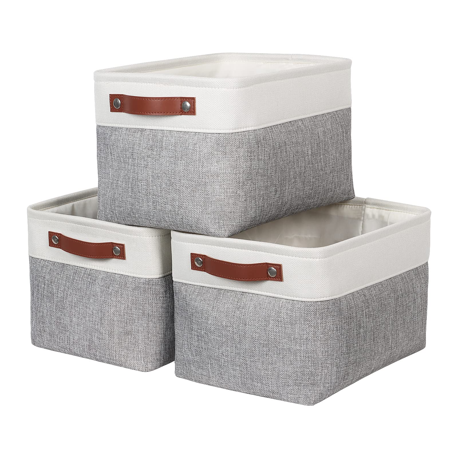 Syeeiex Fabric Storage Basket [3-Pack], Large Baskets with Leather Handles, Storage Boxes for Shelves, Foldable Baskets for Organizing Toys, Clothes, Office (White/Grey)