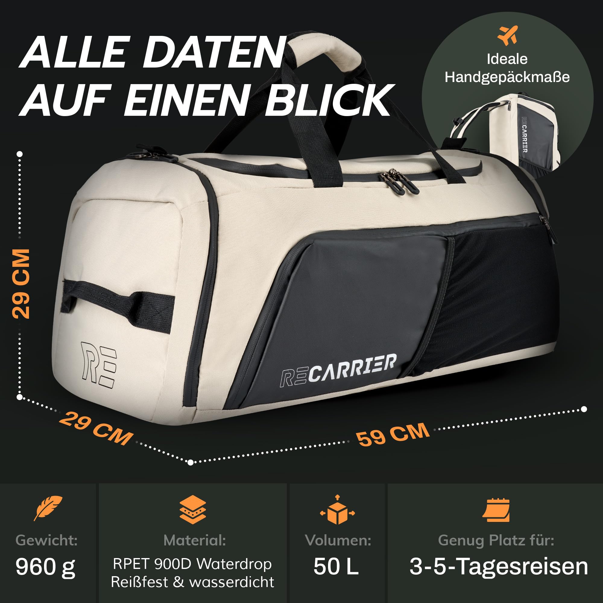 RECARRIER Sporttasche [RECYCELTES PET] 50L –Gym Bag und Rucksack in Einem –wasserdichte Trainingstasche Herren Damen –Sportrucksack wasserdicht mit Schuhfach Fitness, Reisetasche groß (Savanna beige) 5