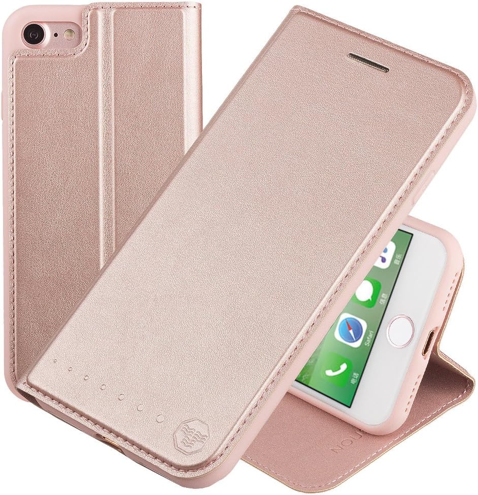Nouske iPhone 7 Plus iPhone 8 Plus Case Flip Folio Wallet Stand up Credit Card Holder Cover Holster/Magnetic Closure/TPU bumper/360 Full Body Protection, Rose Gold