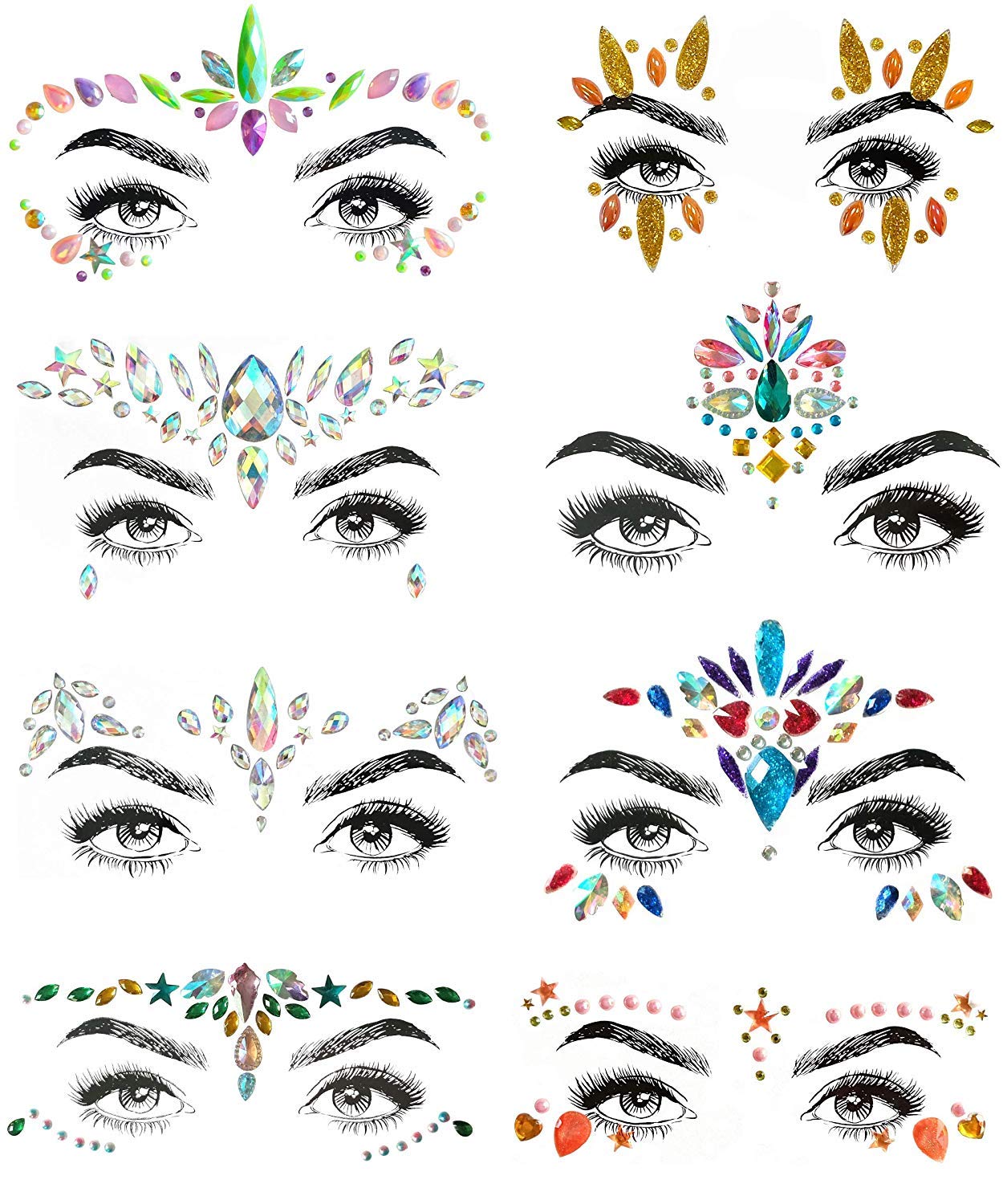 SHINEYES 8 Pcs Women Mermaid Face Gems Glitter,Rhinestone Rave Face Jewels Festival,Crystals Face Stickers, Eyes Face Body Temporary Tattoos
