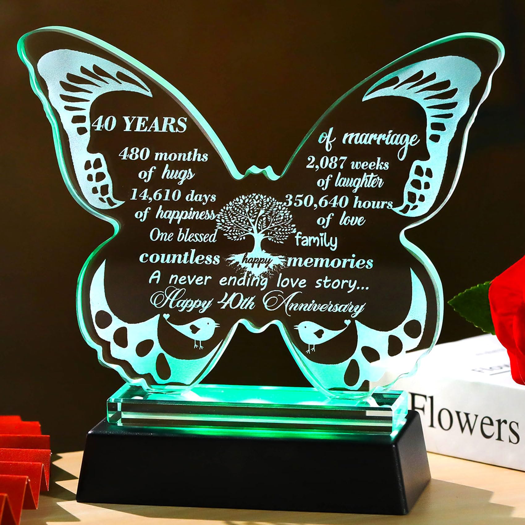 13.6cm Glass Happy 40th Wedding Anniversary Crystal Butterfly Gifts for Parents, 40 Years of Love Anniversary Keepsake with LED Base Presents for Wife Friends Women Men