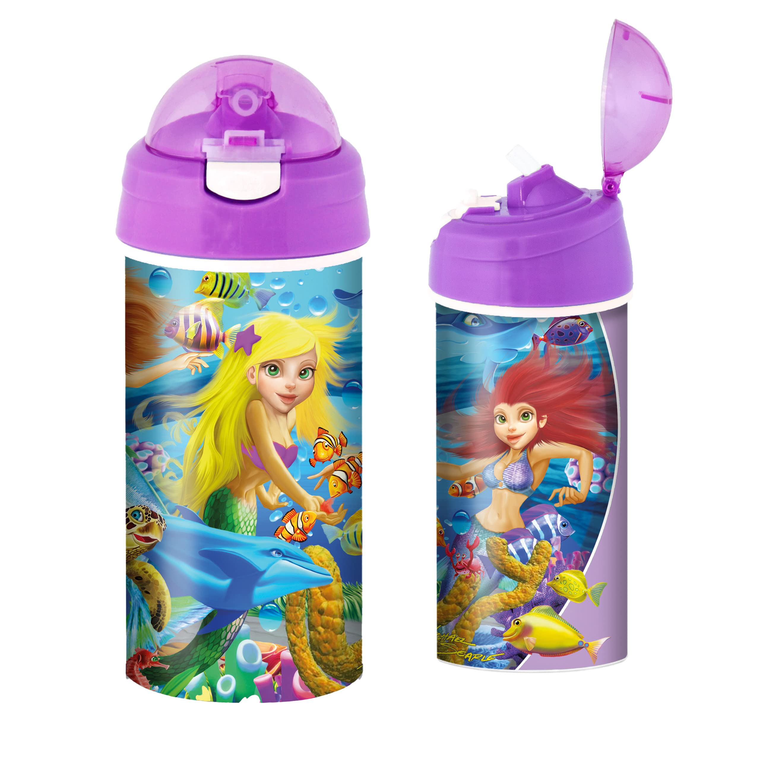 3D LiveLife Drinking Bottle - Mermaid Magic from Deluxebase. 3D Lenticular 600ml BPA Free Reusable Purple Water Bottle with Straw & Flip Top Lid. Leak Proof Fantasy Drinks Bottles with Mermaid Design.