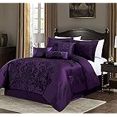 Chezmoi Collection 7-Piece Jacquard Floral Comforter Set (Queen, Purple/Dark Purple)