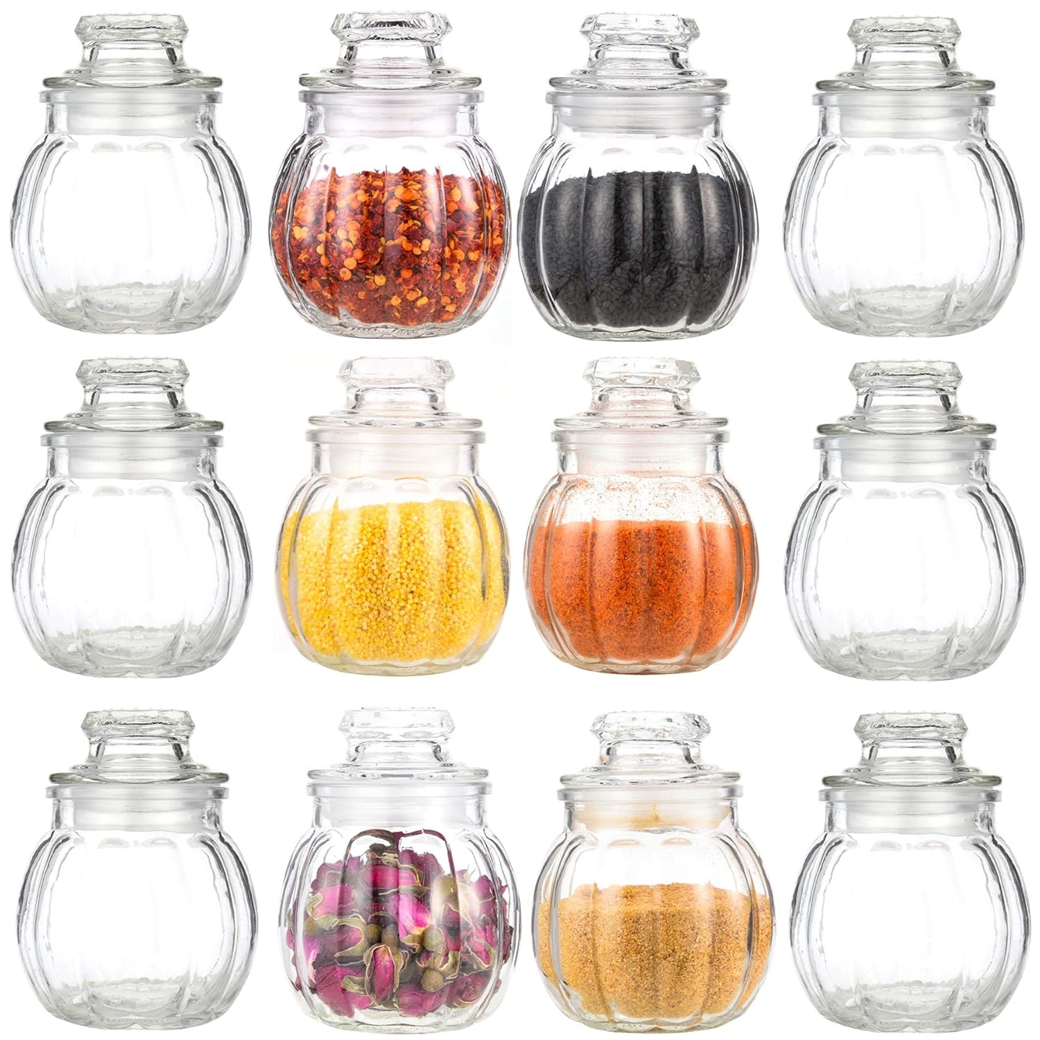 12 glass storage jars, spice jars, sweet ribbed candy jar, 80 ml