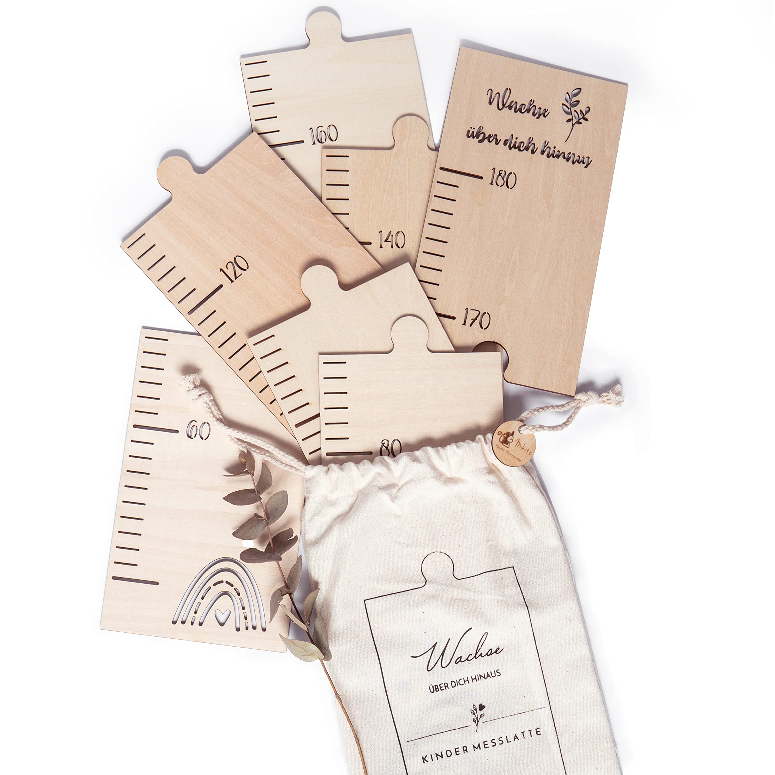 Mikito Wooden Height Chart for Children to Record Their Growth Including Wall Mounting, Wall Decoration for Children's Room, Baby Room for Girls and Boys, Natural Wood Measuring Bar as a Puzzle