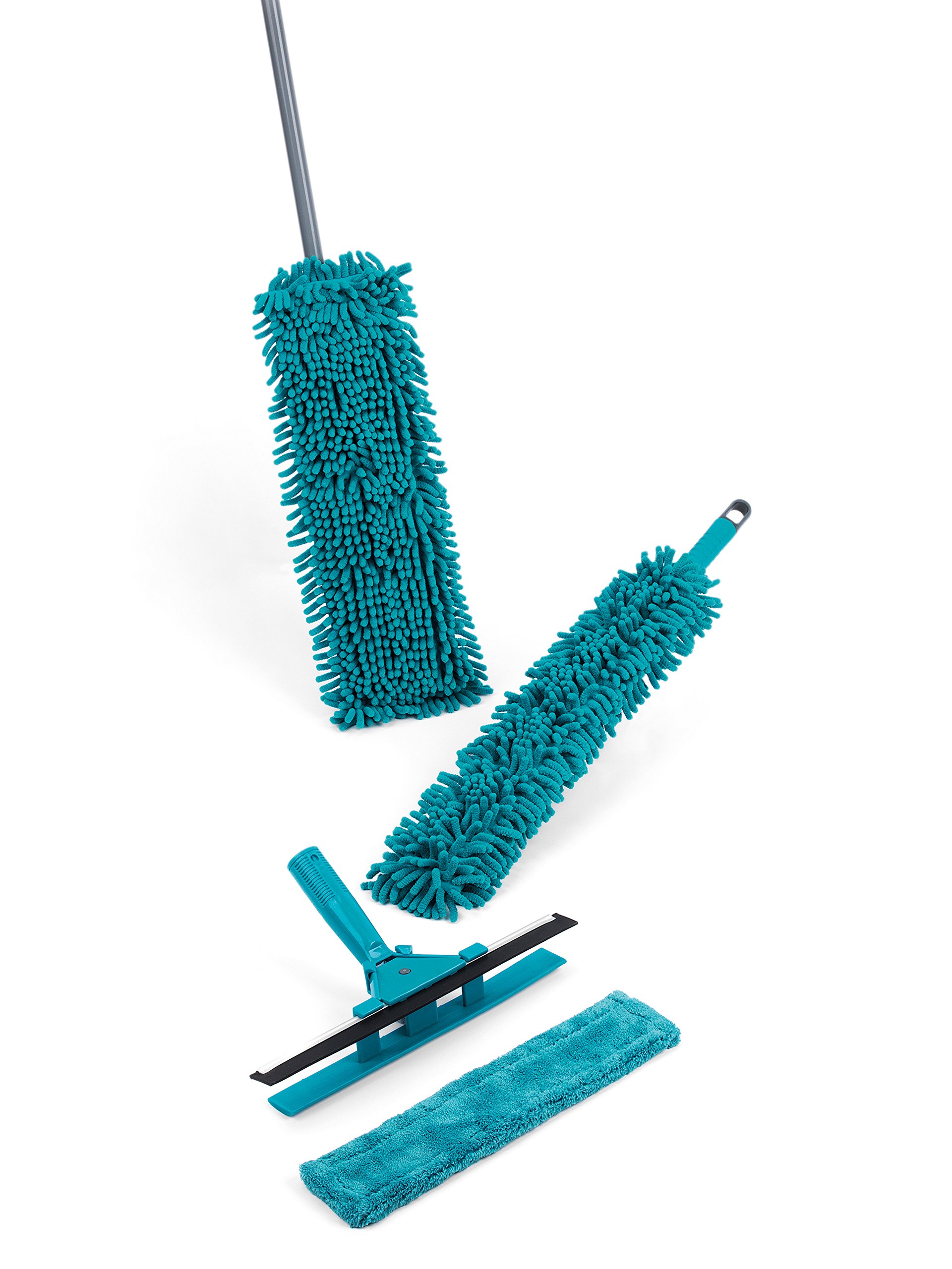 Beldray LA026798 7 Piece Duster and Mop Cleaning Set | Turquoise | Perfect for Windows, Glass Tiles, Hard Floors & Surfaces, 20 x 7 x 68 cm