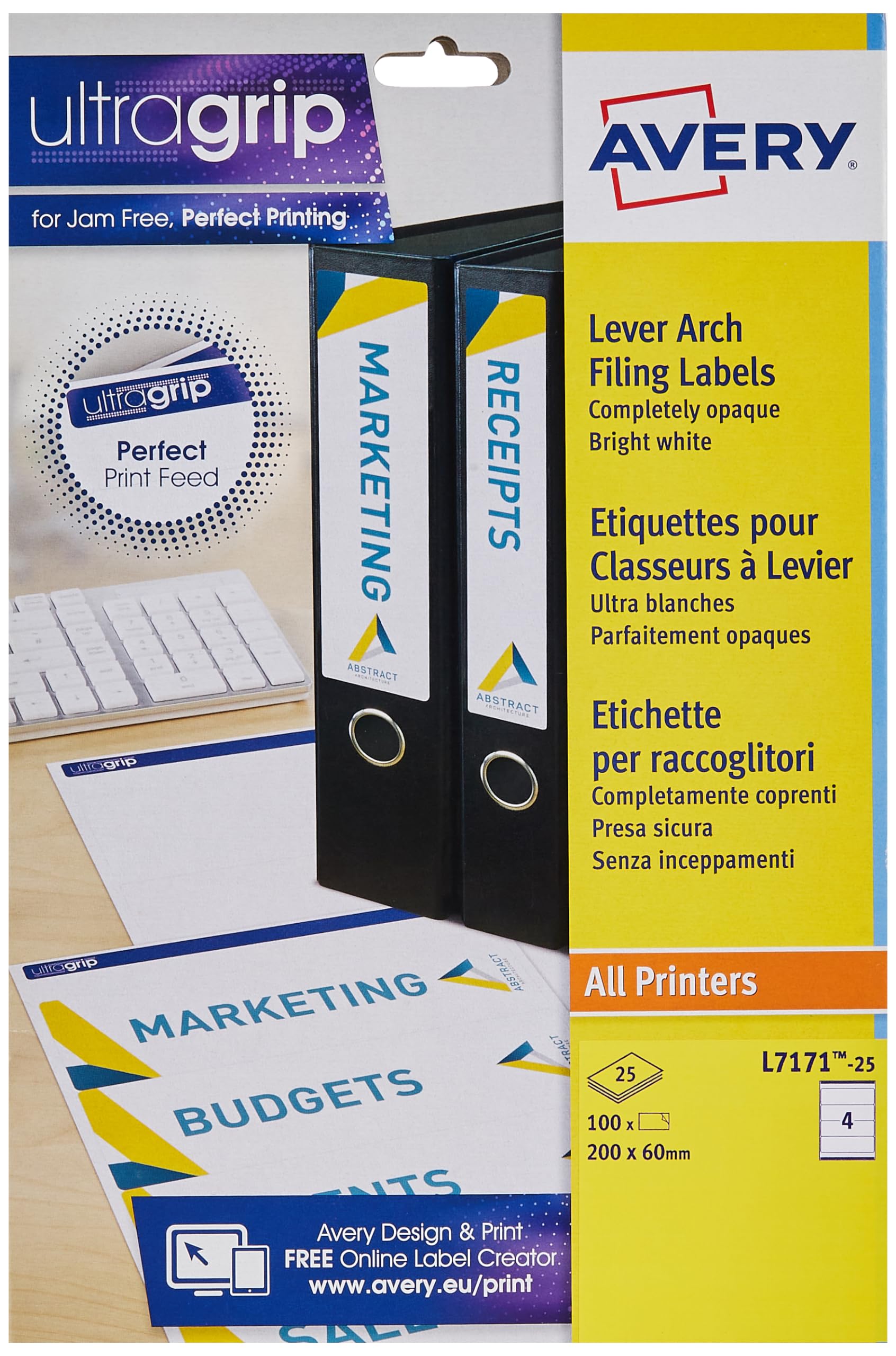 Avery Quickdry, Printable, Filing Labels, Lever Arch Filing, 200 x 60 mm, White, 4 Labels per Sheet, 100 Blank Labels per Pack (L7171-25)