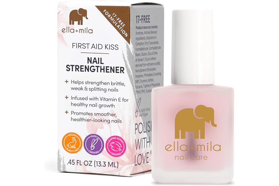 ella+mila “First Aid Kiss” Nail Strengthener and Growth treatment- Nail Repair Solution & Growth Treatment for Thin, Brittle & Damaged Nails – Nail Hardener with Vitamin E (0.45 fl oz)