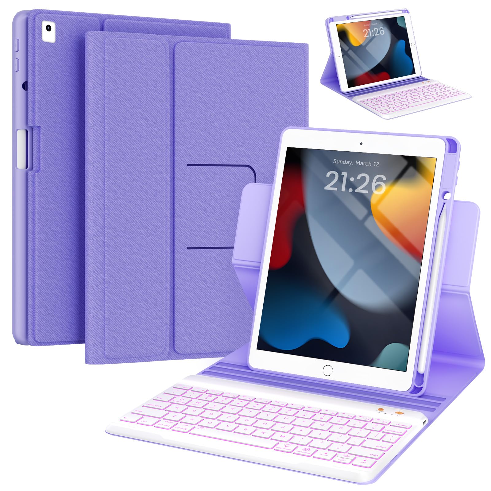 Photo 1 of Keyboard Case for iPad 9th/8th/7th Generation 10.2 inch 2021/2020/2019 & ipad Pro 10.5-inch & ipad Air 3 2019-Backlit Detachable keyboard 360° Rotatable Folio Cover with upper pencil holder-(Purple)