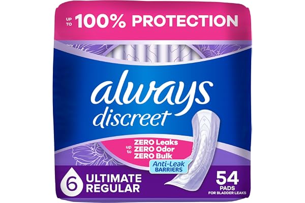 Always Discreet Adult Incontinence Pads for Women, Ultimate Absorbency, Long Length, Postpartum Pads, 54 Count