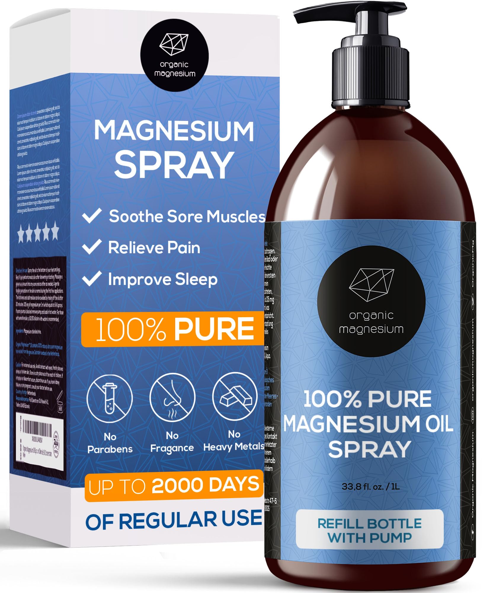 Magnesium Oil for Sleep 1000ml - 100% Natural & Ultra Pure Magnesium Oil | Topical Organic Magnesium Foot Spray Refill Bottle for Restless Legs & Muscle Cramp Relief | from Ancient Zechstein Seabed