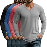 Velvelhall 4 Pcs Mens Long Sleeve V Neck Shirts Raglan Sleeve Curved Hem Tees Lightweight Casual Basic Workout T Shirts