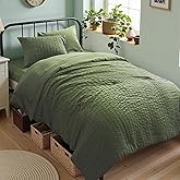 Zzlpp Twin Comforter Set 5 Pieces, Olive Green Seersucker Bed in a Bag with Comforter and Sheets, All Season Bedding Sets with 1 Comforter, 1 Pillow Sham, 1 Pillowcase, 1 Flat Sheet, 1 Fitted Sheet