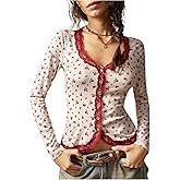 MakeMeChic Women's Cute Tops Floral Lace V Neck Long Sleeve Y2k Boho Tops Button Down Shirts