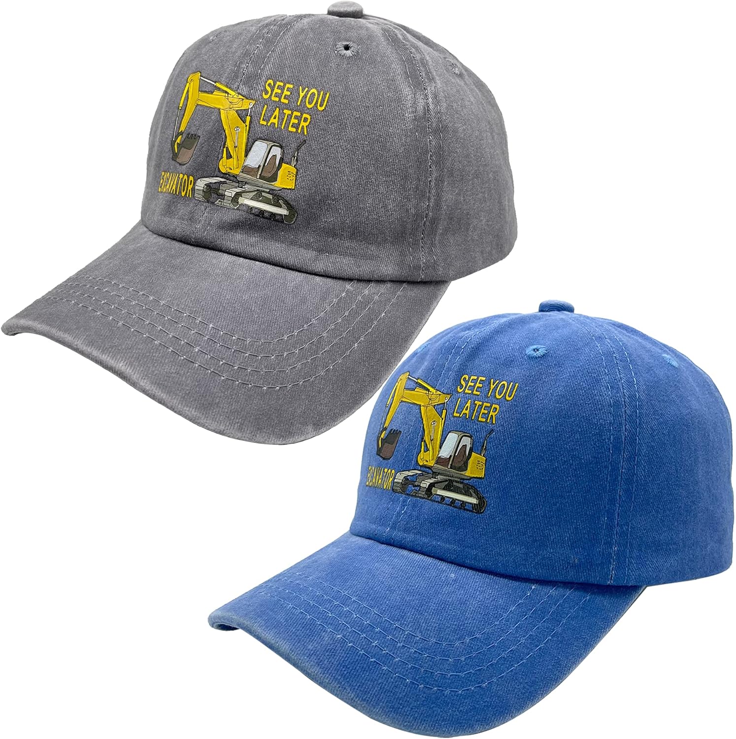 NVJUI JUFOPL Boys See You Later Excavator Baseball Cap, Washed Vintage Dad Hat for Kids 2 Pack Gray/Blue: Clothing